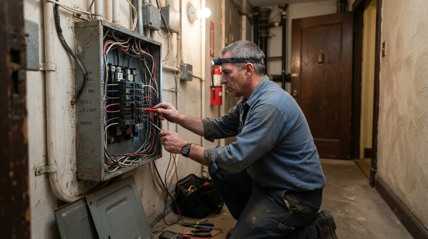 Electrician checking an apartment panel in a Lower Manhattan building
