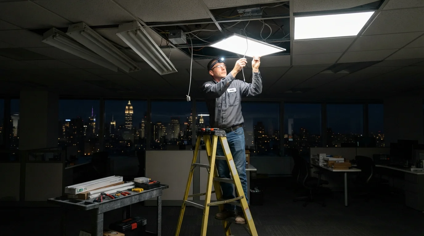 Replacing fluorescent troffers with LED panels in a New York City office