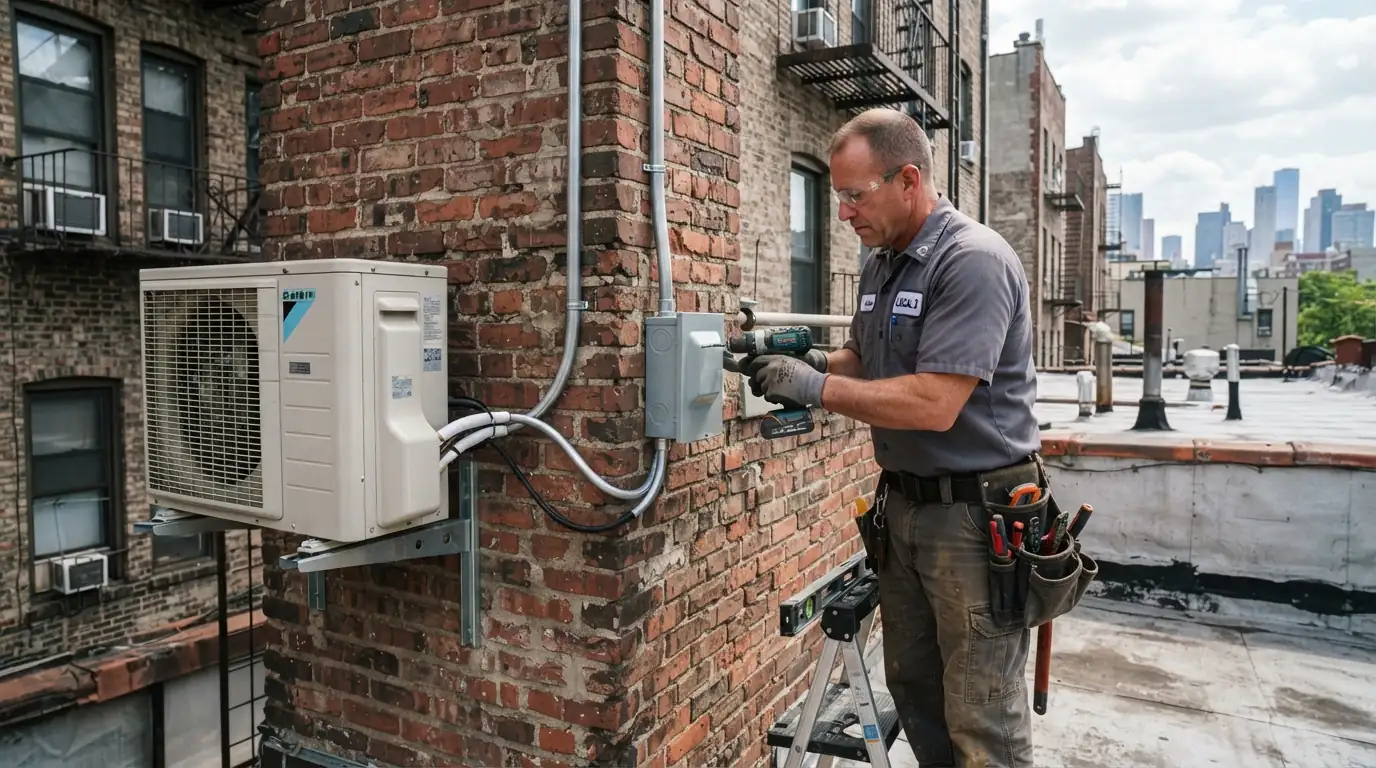 Disconnect beside a mini-split outdoor unit on a New York City wall