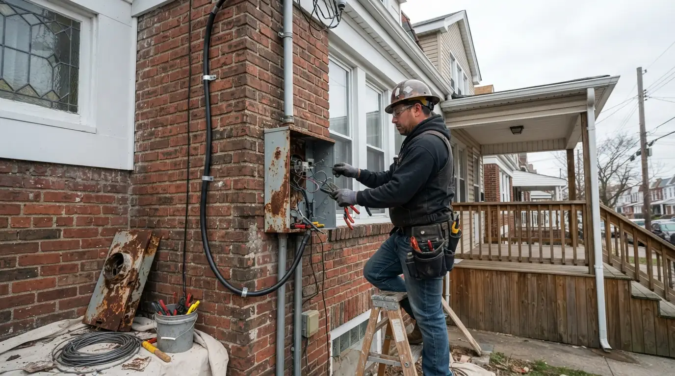 New meter pan and service cable on a New York City two-family house