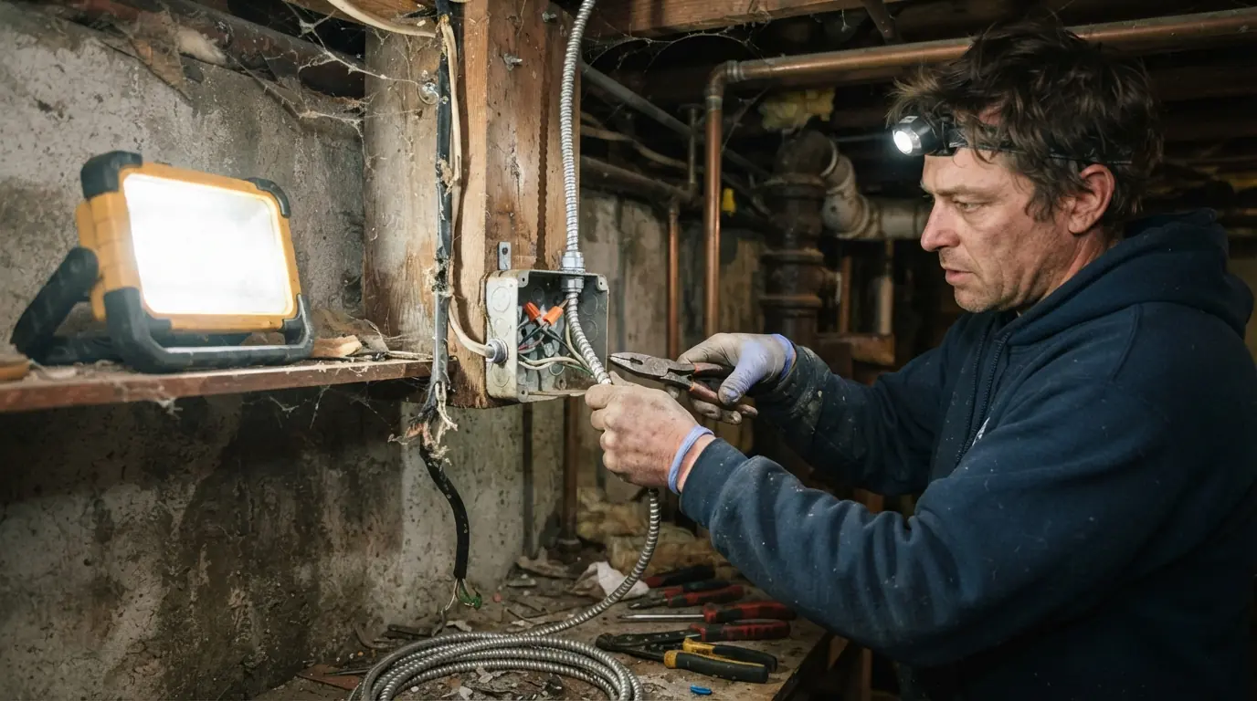 Rodent-damaged cable being replaced in a New York City basement