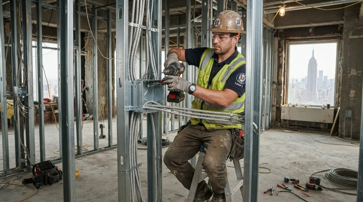 Rough-in wiring on metal studs in a New York City gut renovation