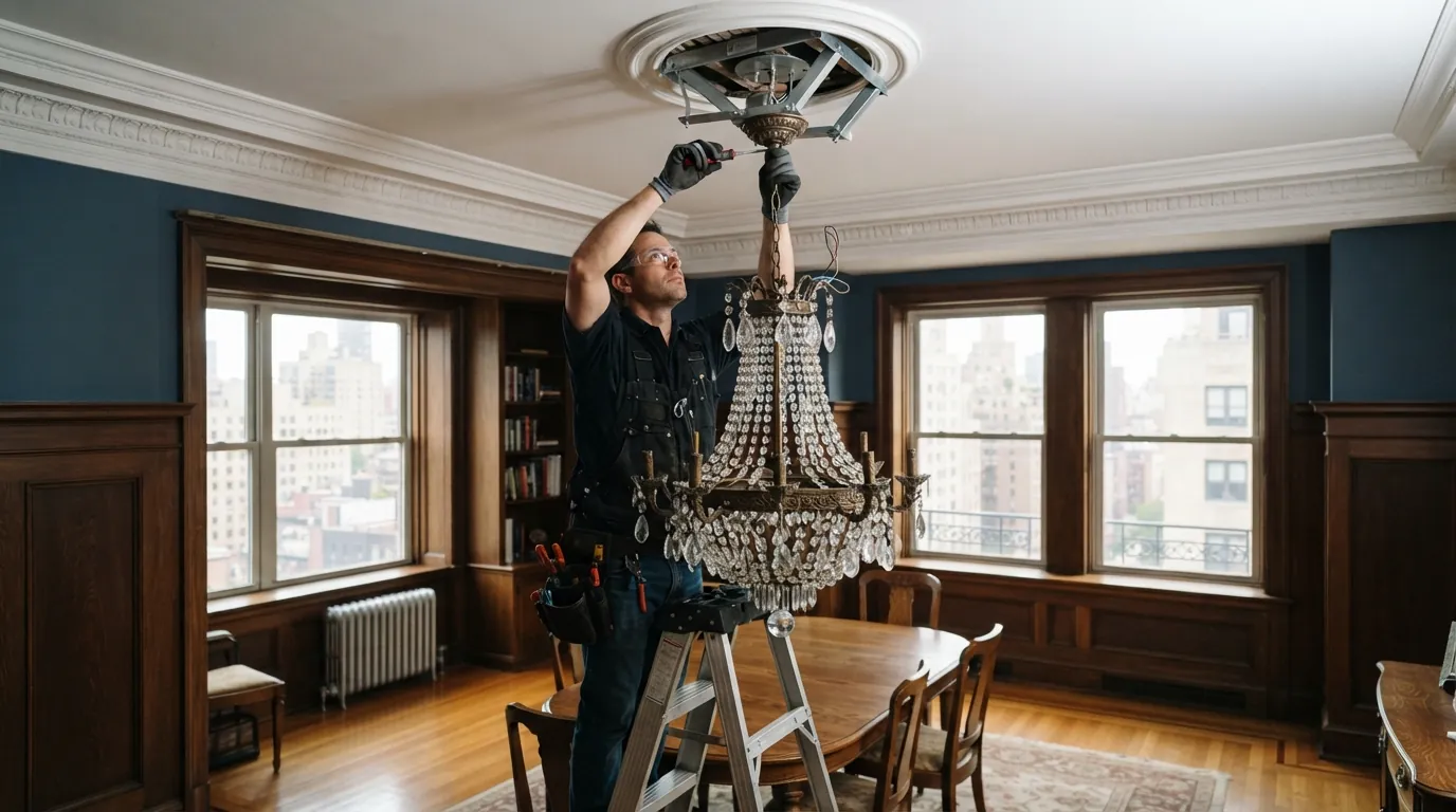 Hanging a chandelier from a braced box in a New York City dining room