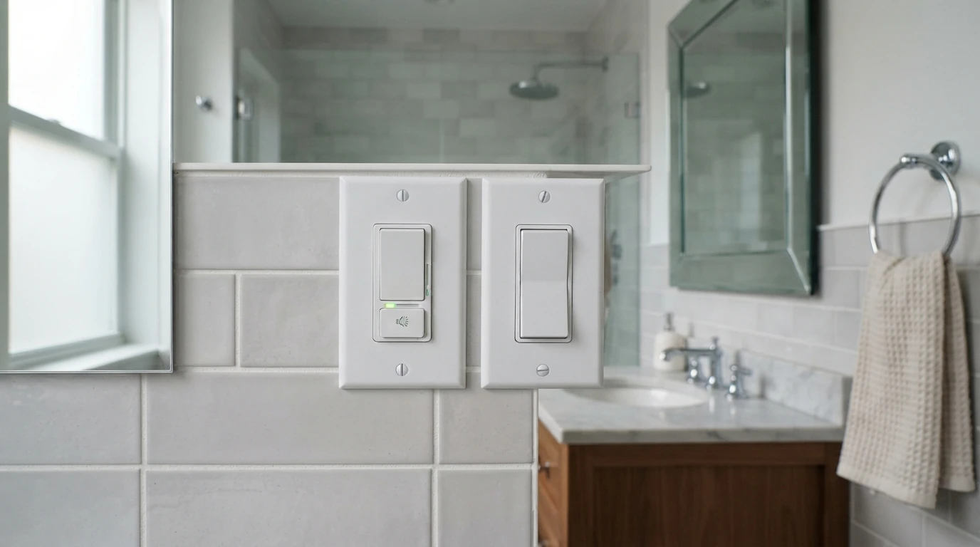 Humidity fan control beside a light switch in a New York City bathroom