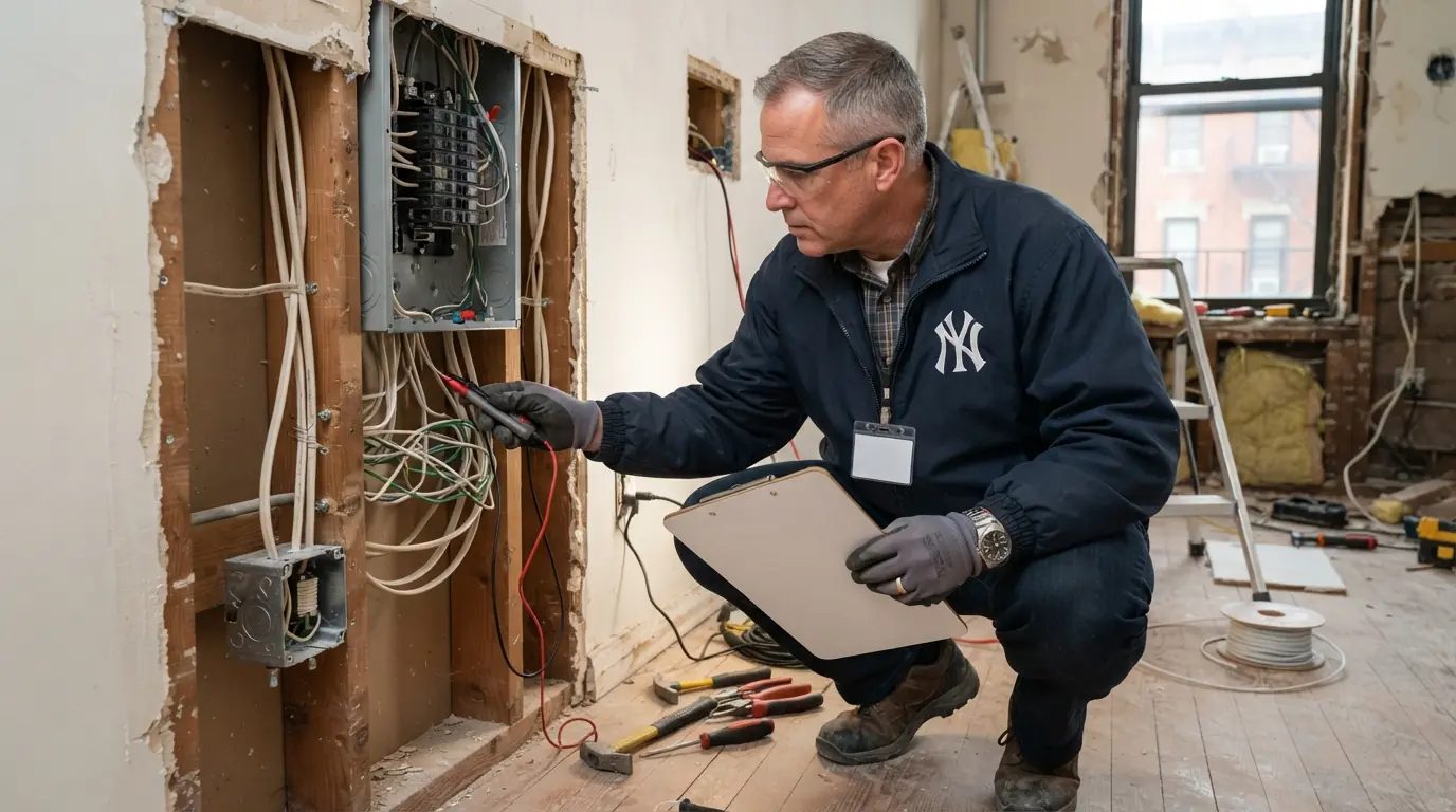 Inspector checking a new circuit in a New York City apartment renovation