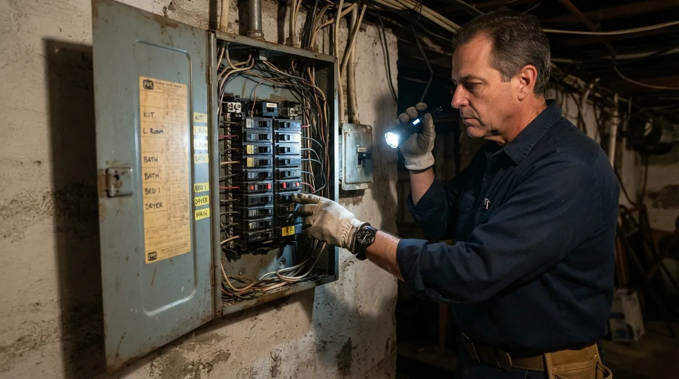 Federal Pacific panel being inspected in a New York City basement