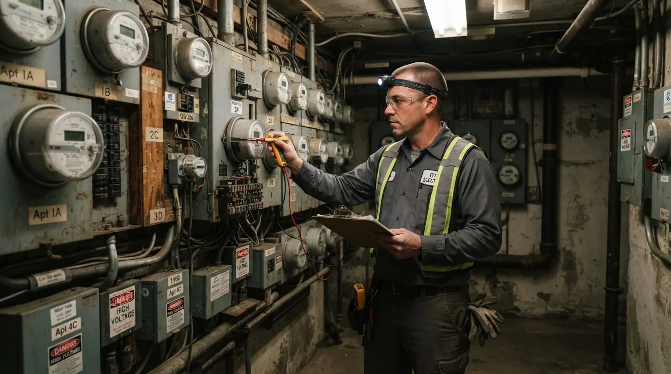 Inspecting a meter bank in a New York City apartment building