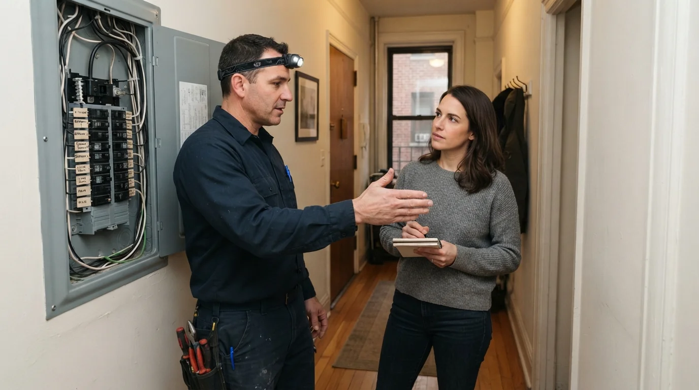Electrician walking a homeowner through a finished panel upgrade in a New York City apartment