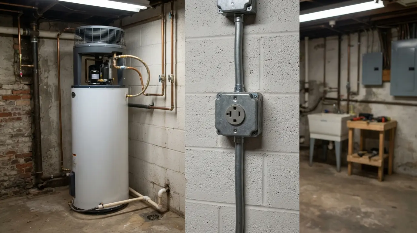 Heat pump water heater circuit in a New York City basement