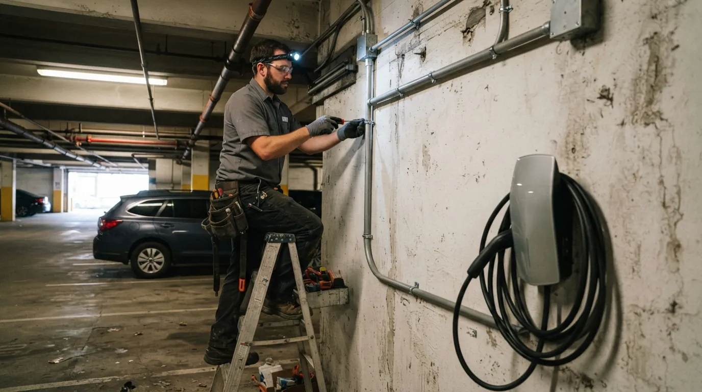 Conduit run to a charger in a New York City parking garage