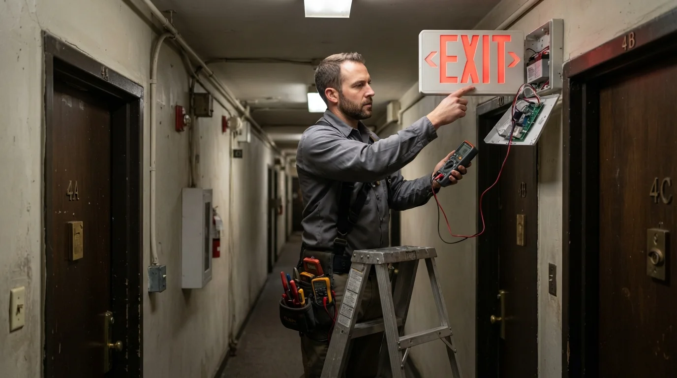 Testing an LED exit sign in a New York City building corridor