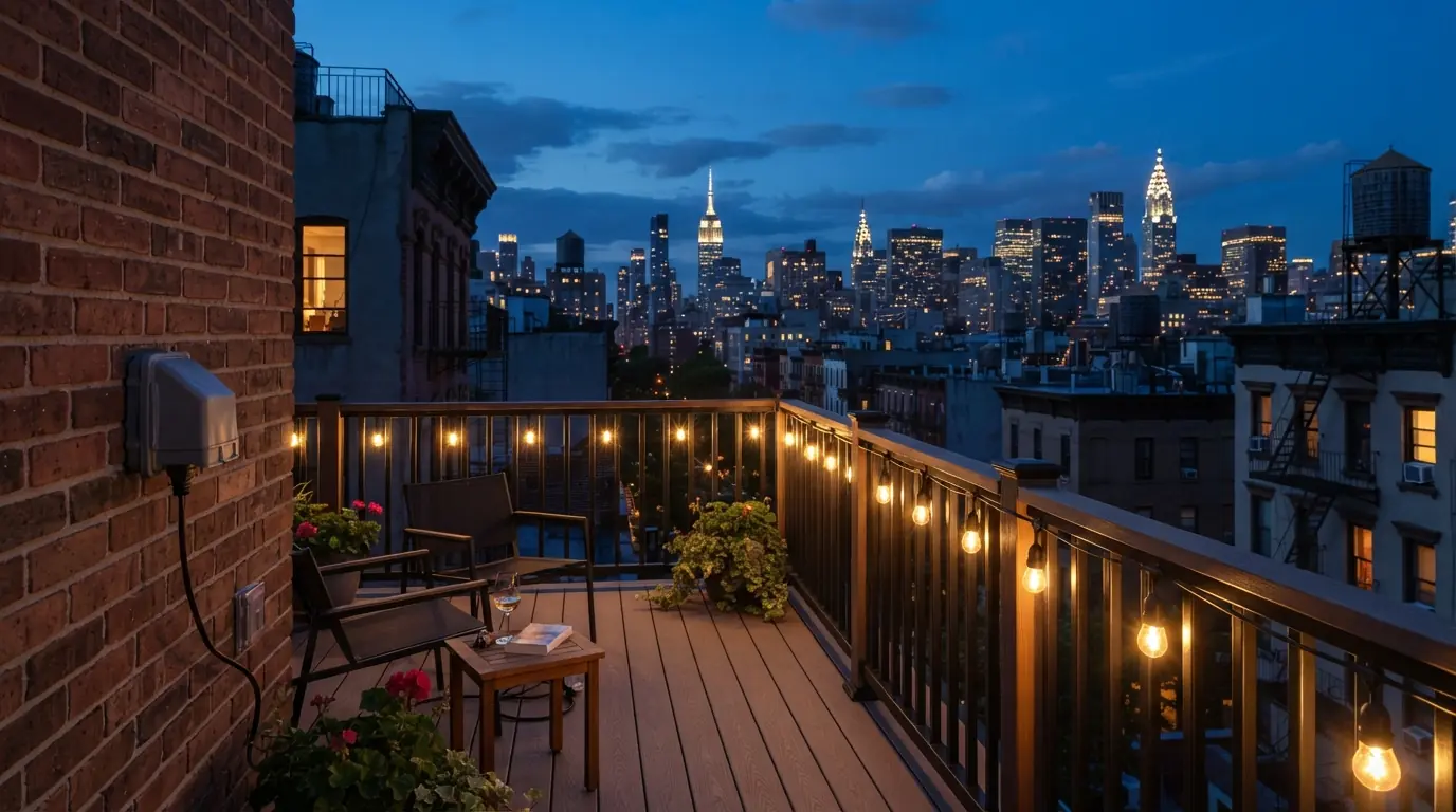 Roof deck lighting and outlets on a New York City townhouse