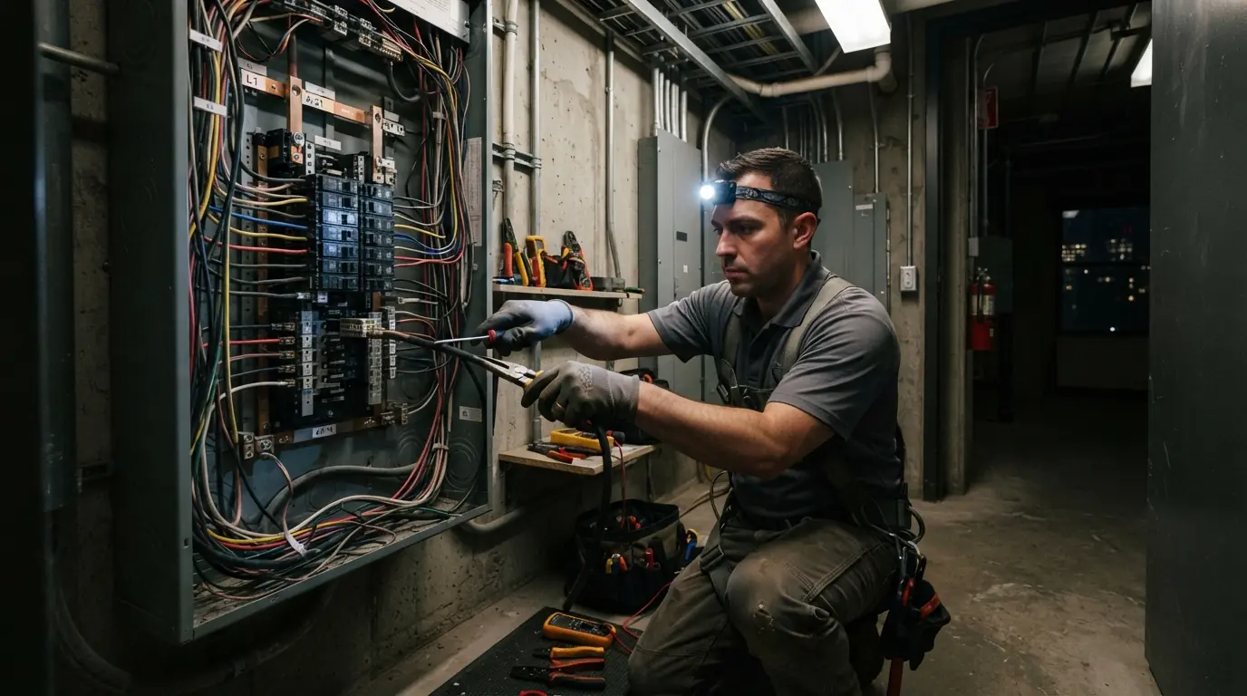 Commercial panel work in a New York City office electrical closet