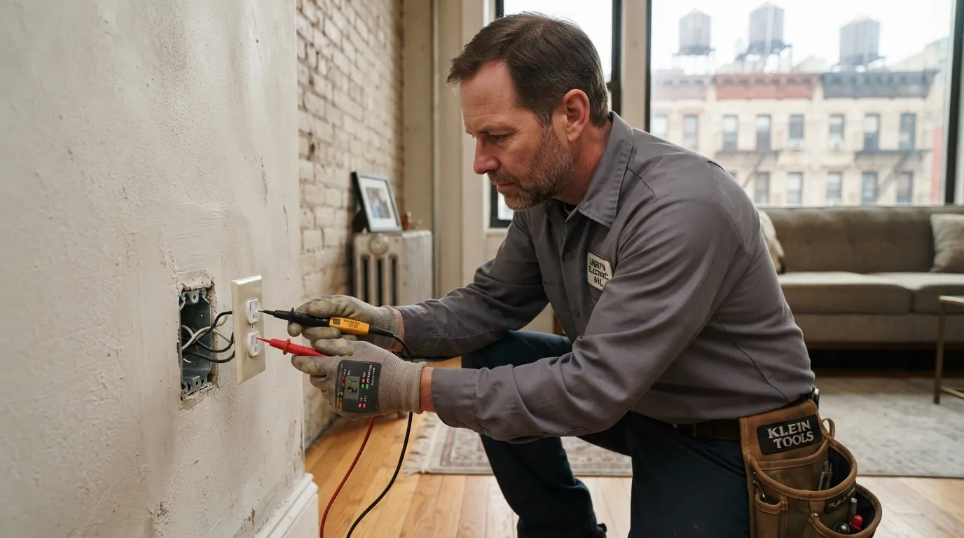 Testing a new grounded outlet in a New York City living room