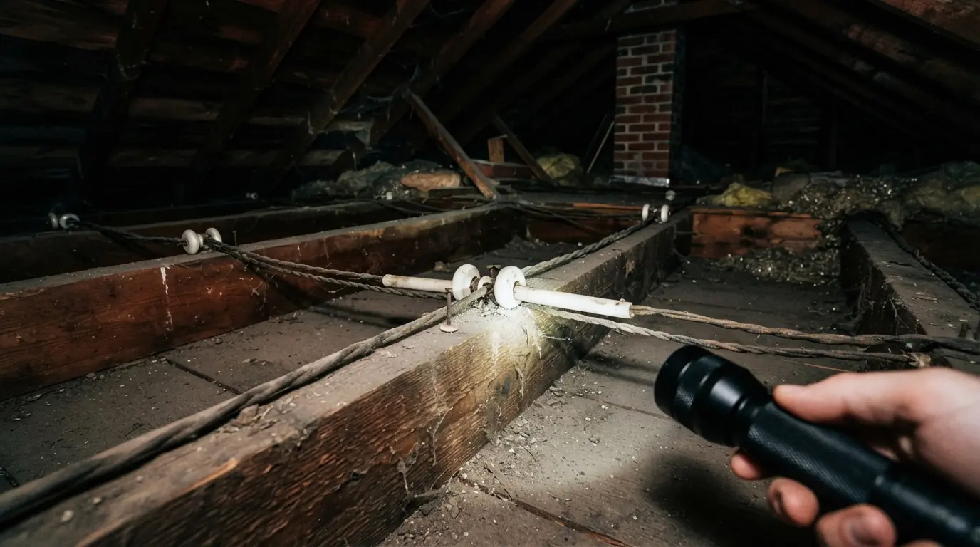 Knob and tube wiring on attic joists in a New York City house