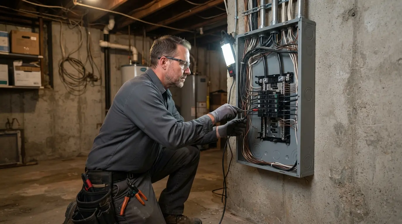 New breaker panel replacing a fuse box in a New York City basement