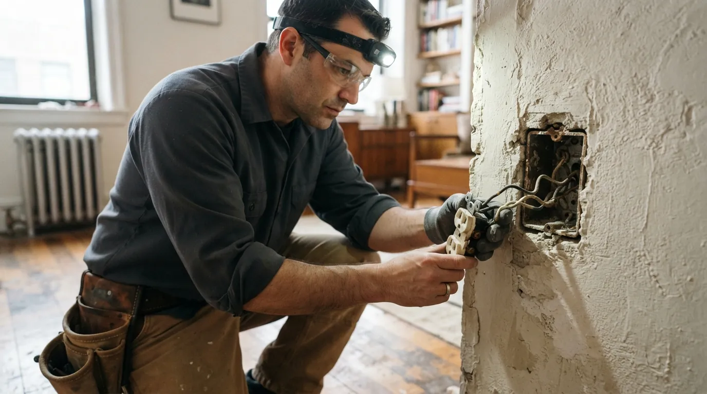 Inspecting the wiring behind a dead outlet in a New York City pre-war apartment