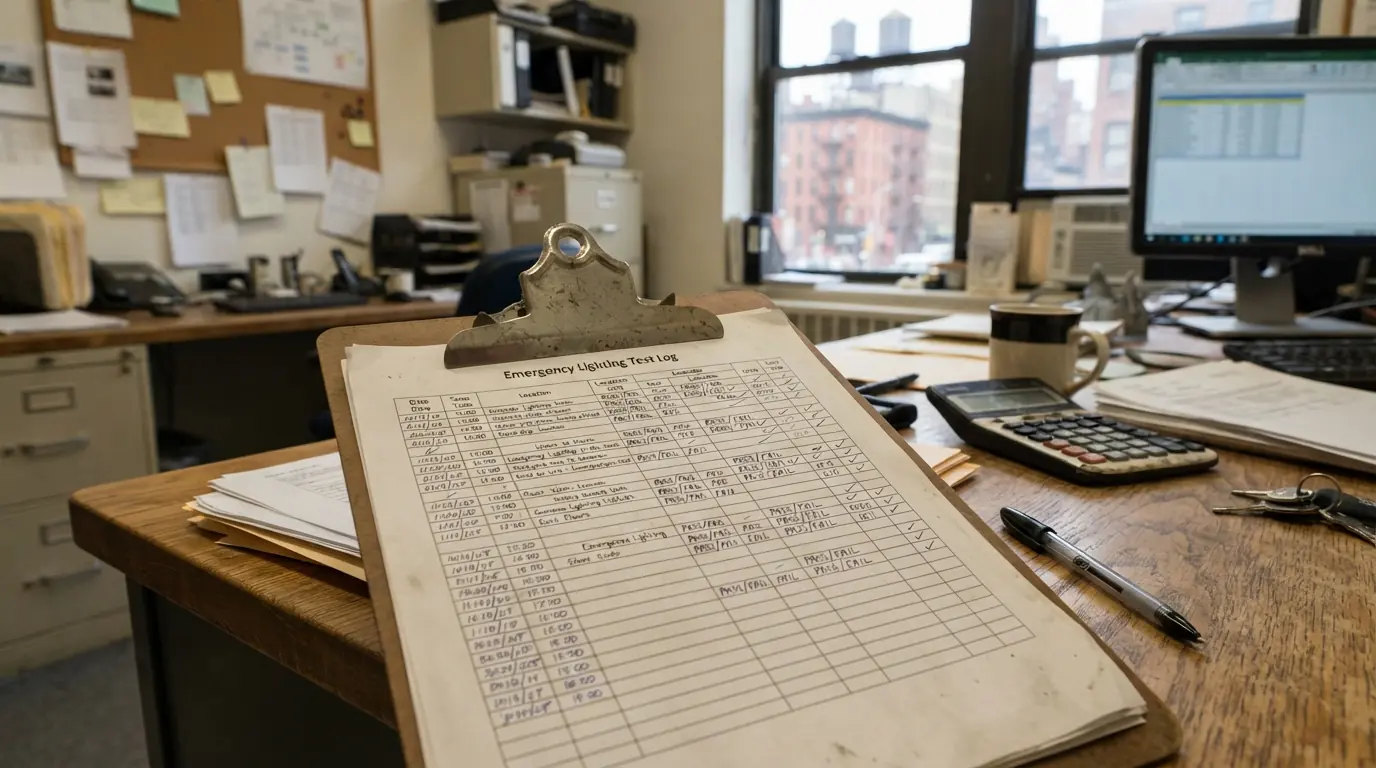 Emergency lighting test log in a New York City building office