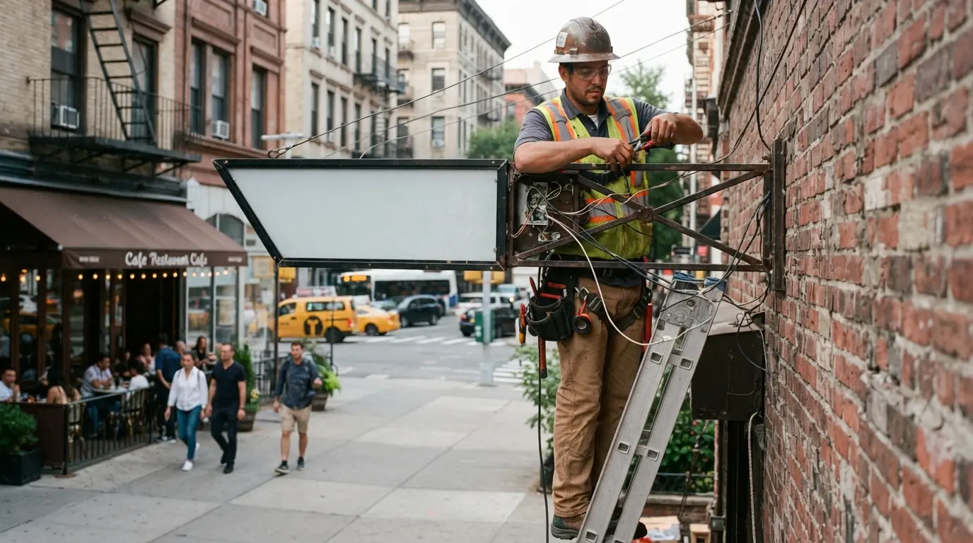 Wiring a projecting blade sign on a New York City storefront