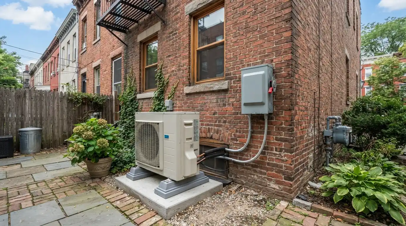 Heat pump unit and disconnect beside a New York City row house