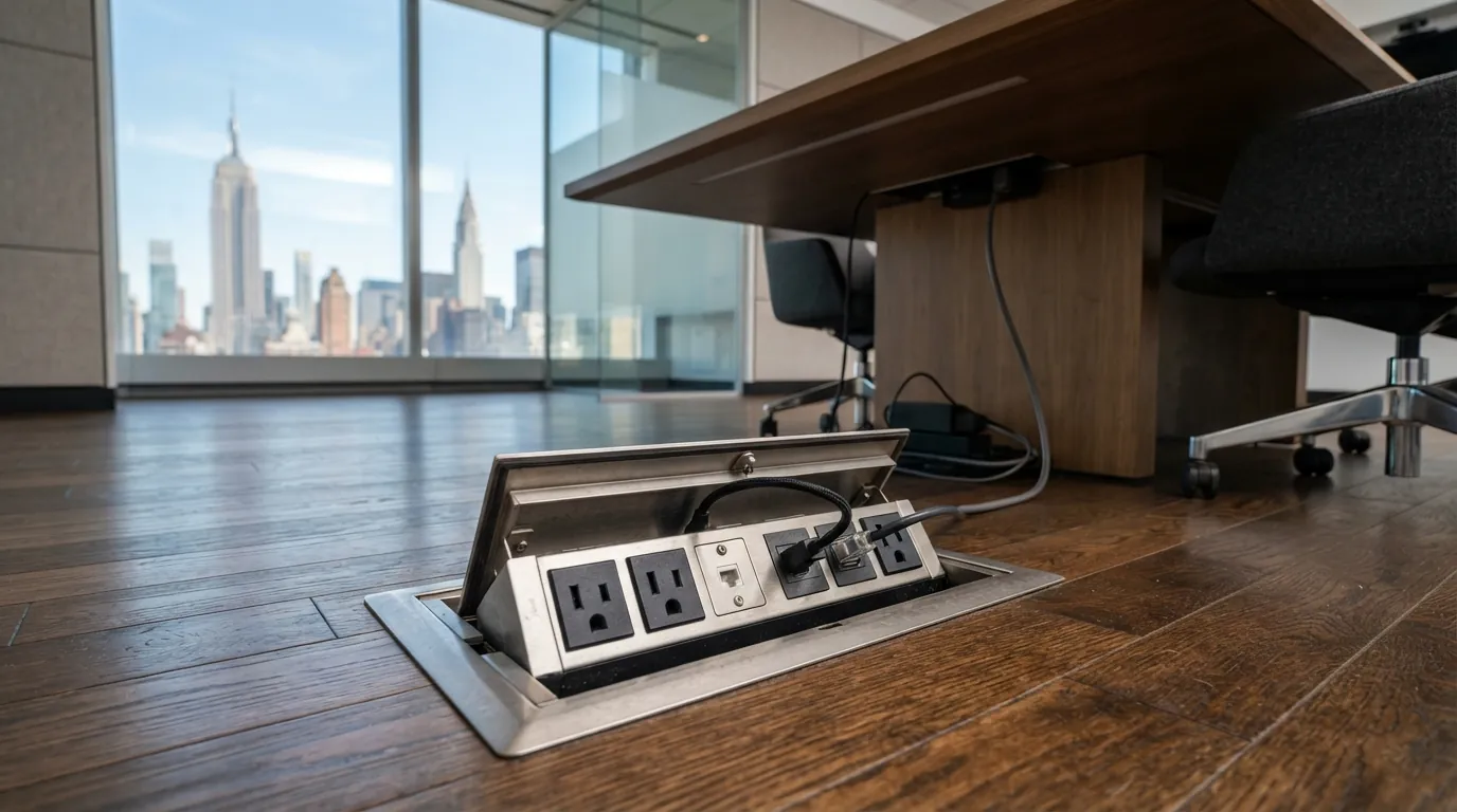 Conference room floor box with power and data in a New York City office