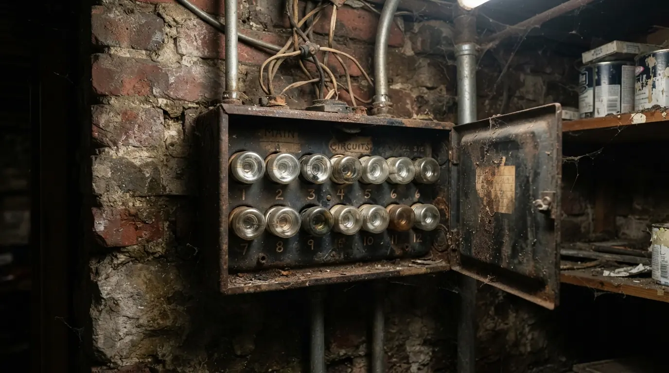 Old screw-in fuse box in a New York City row house basement