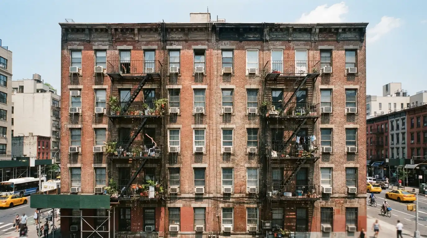 Window air conditioners on a New York City building during a heat wave
