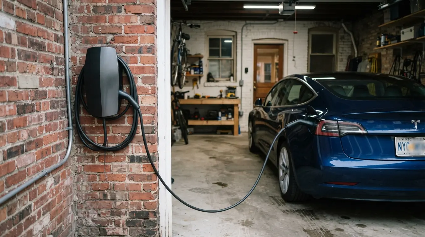 Level 2 EV charger in a New York City house garage