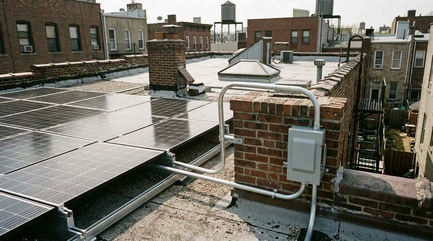Rooftop solar on a New York City row house with conduit to a new disconnect