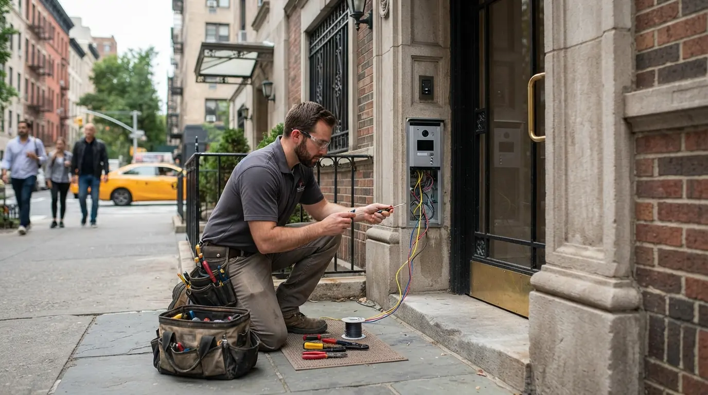 New video intercom panel at a New York City apartment entrance
