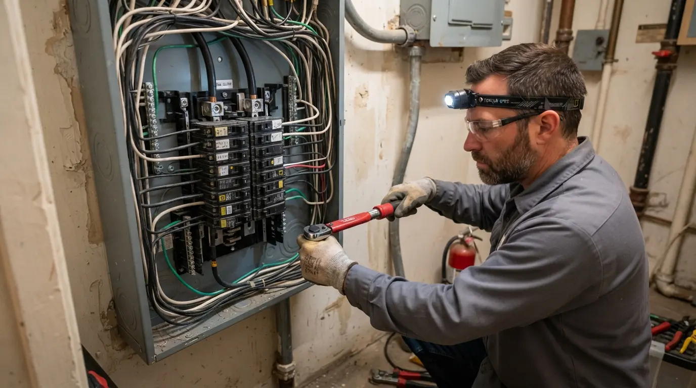Electrician torquing conductors in a new panel in a Manhattan co-op closet