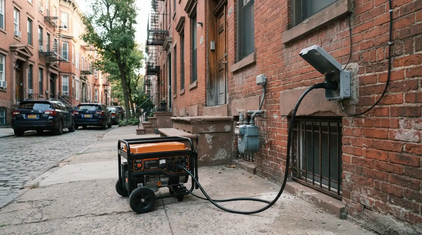 Portable generator connected to a power inlet on a New York City row house
