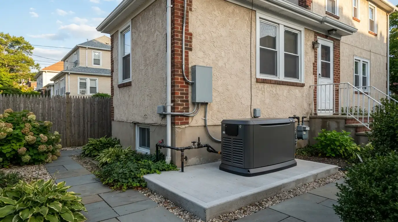 Standby generator on a pad beside a New York City two-family house