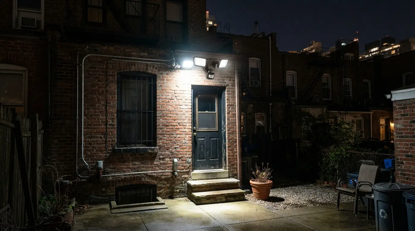 Motion floodlight over a New York City row house yard