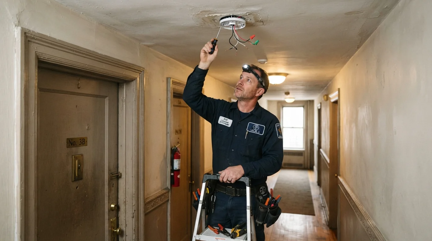 Hardwired smoke detector in a New York City apartment hallway