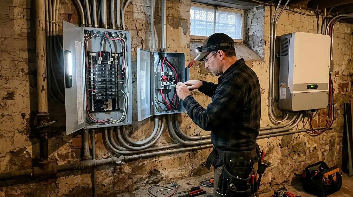 Electrician wiring a solar inverter and disconnect beside a row house panel