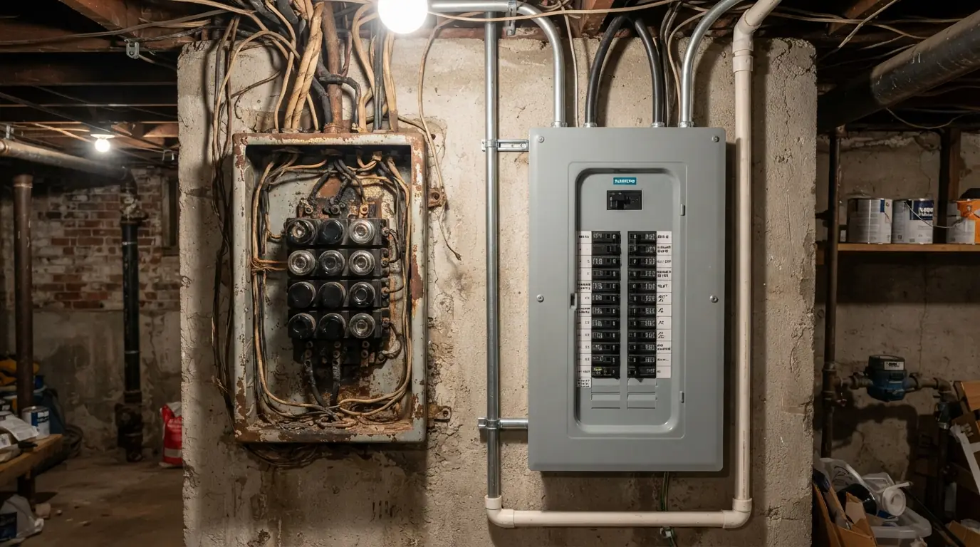 Old panel next to its new 200-amp replacement in a New York City basement
