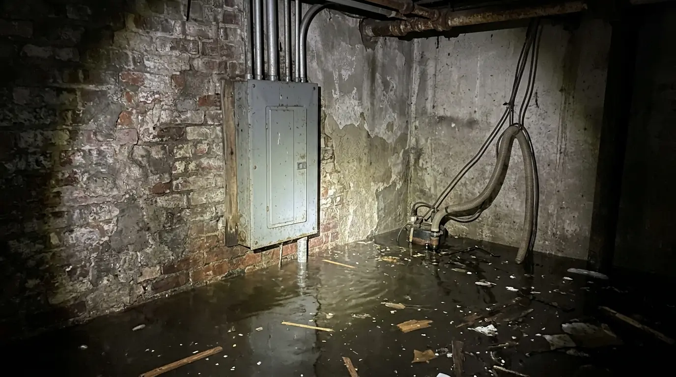 Flooded basement with water around a breaker panel and a sump pump