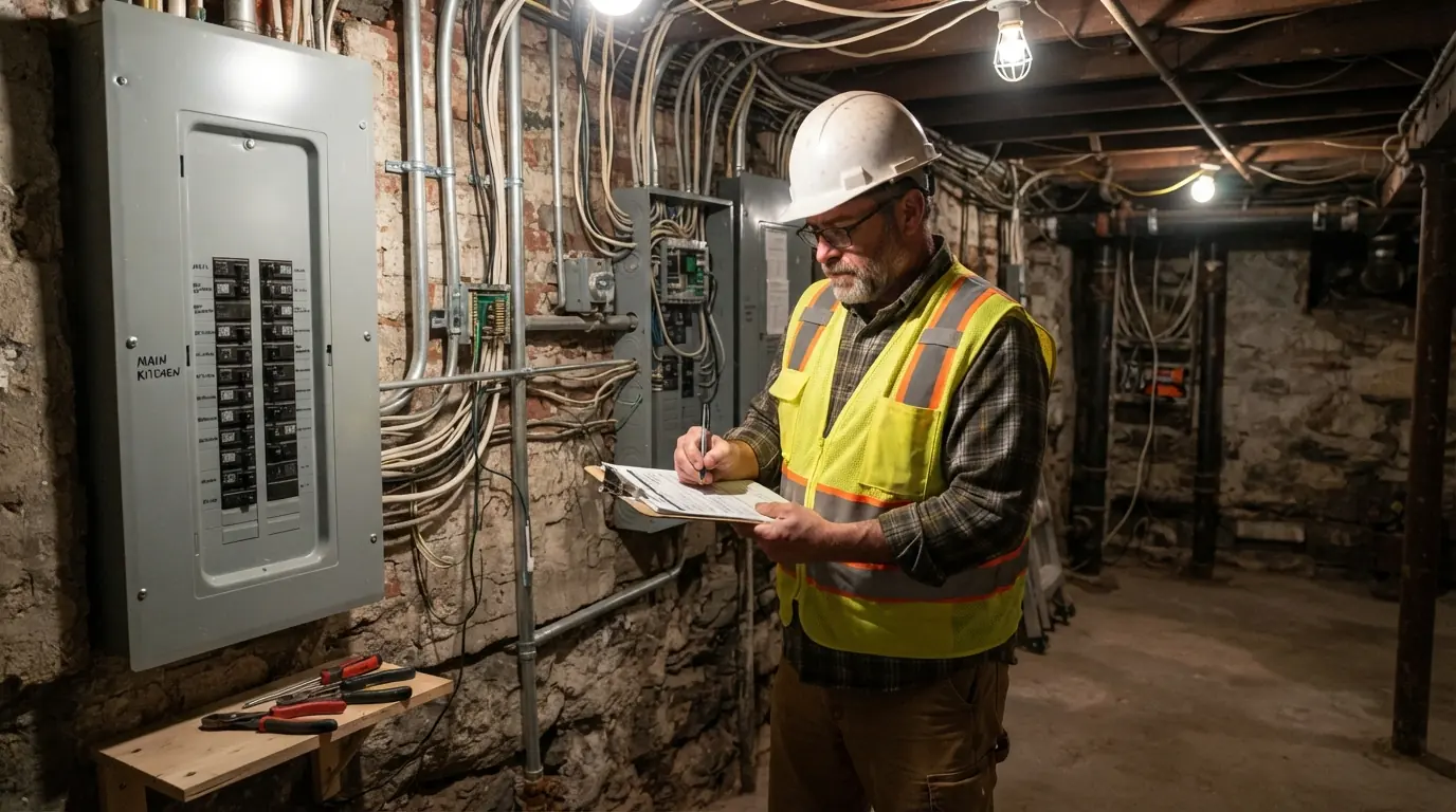 Inspector signing off completed wiring in a New York City brownstone