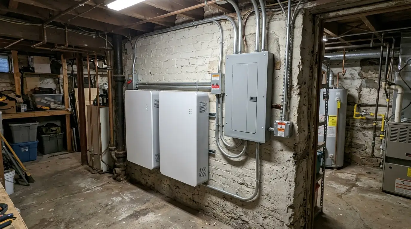 Wall-mounted home battery and backup loads panel in a house basement