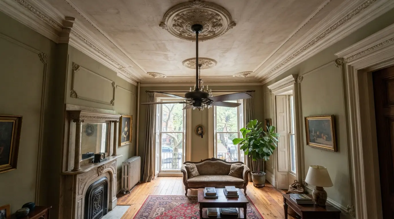 Ceiling fan on a long downrod in a New York City brownstone