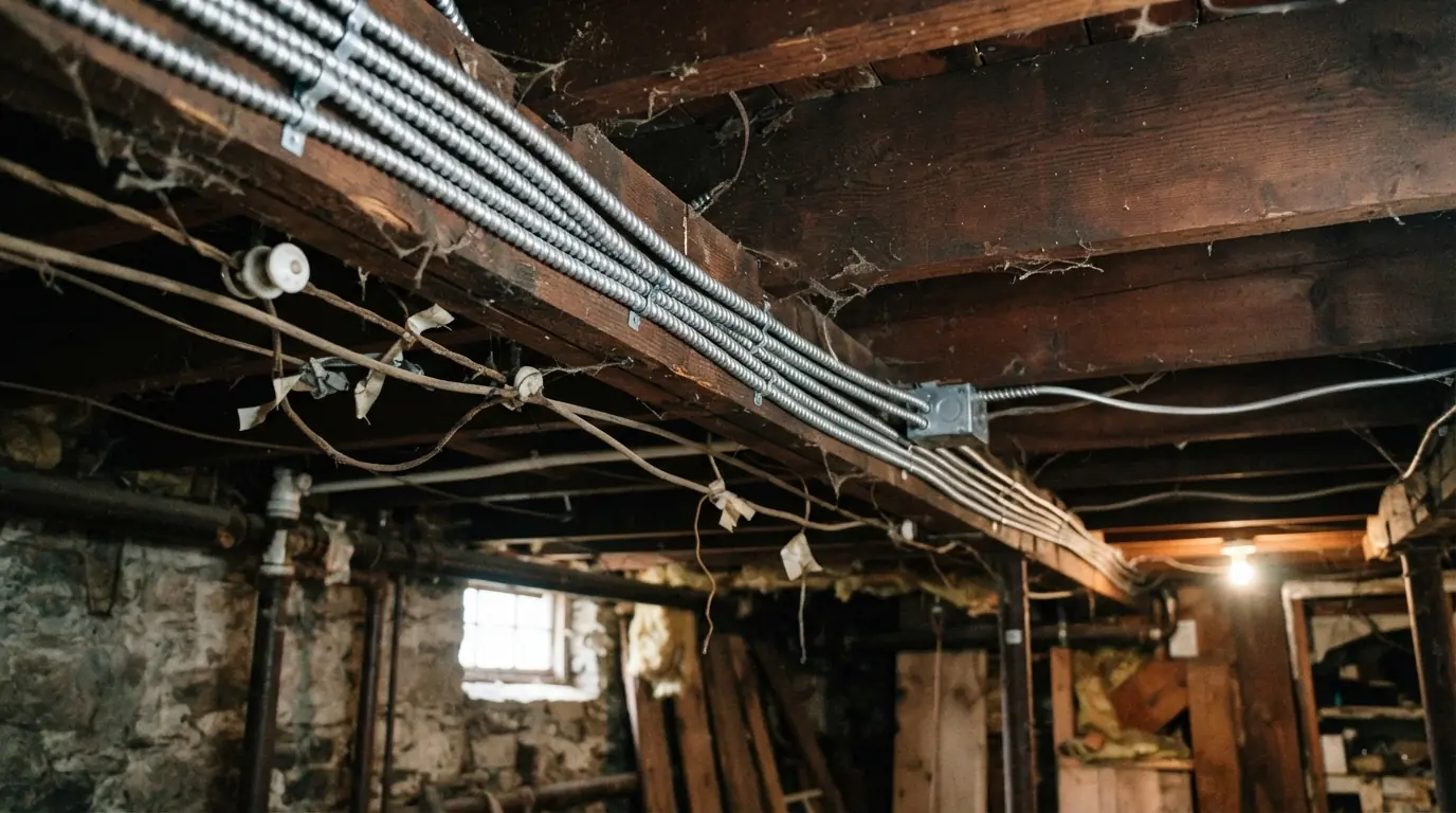 New armored cable replacing knob and tube in a New York basement