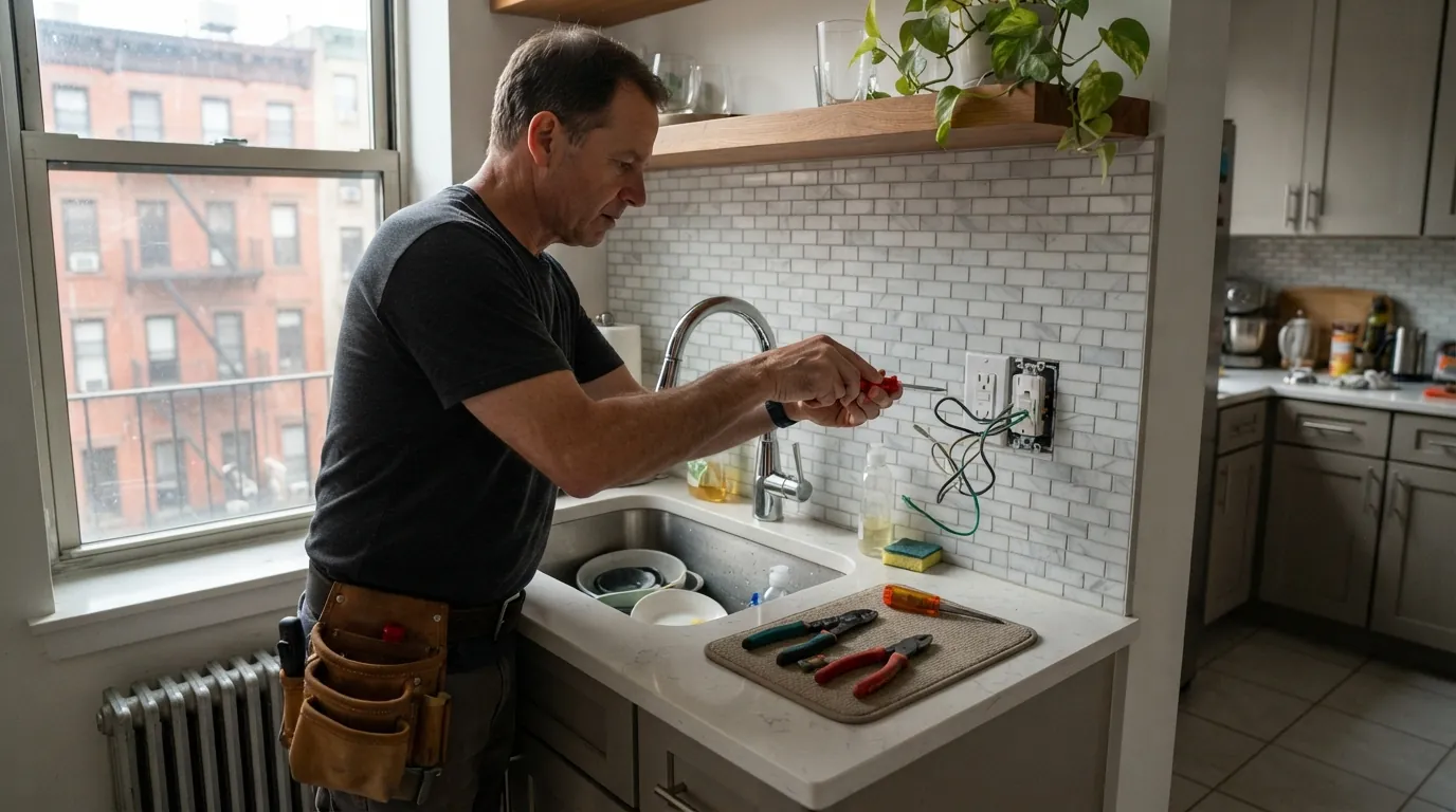 GFCI outlet beside a kitchen sink in a New York City apartment