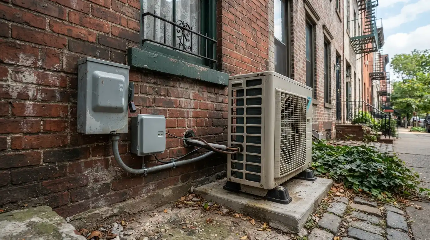 Surge device at a heat pump disconnect on a New York City row house