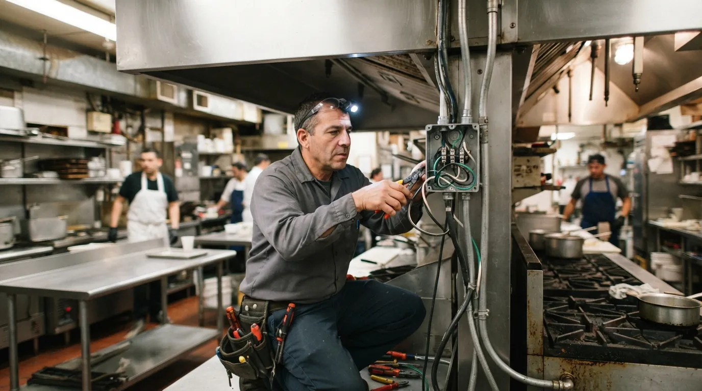 Wiring equipment under a kitchen hood in a New York City restaurant