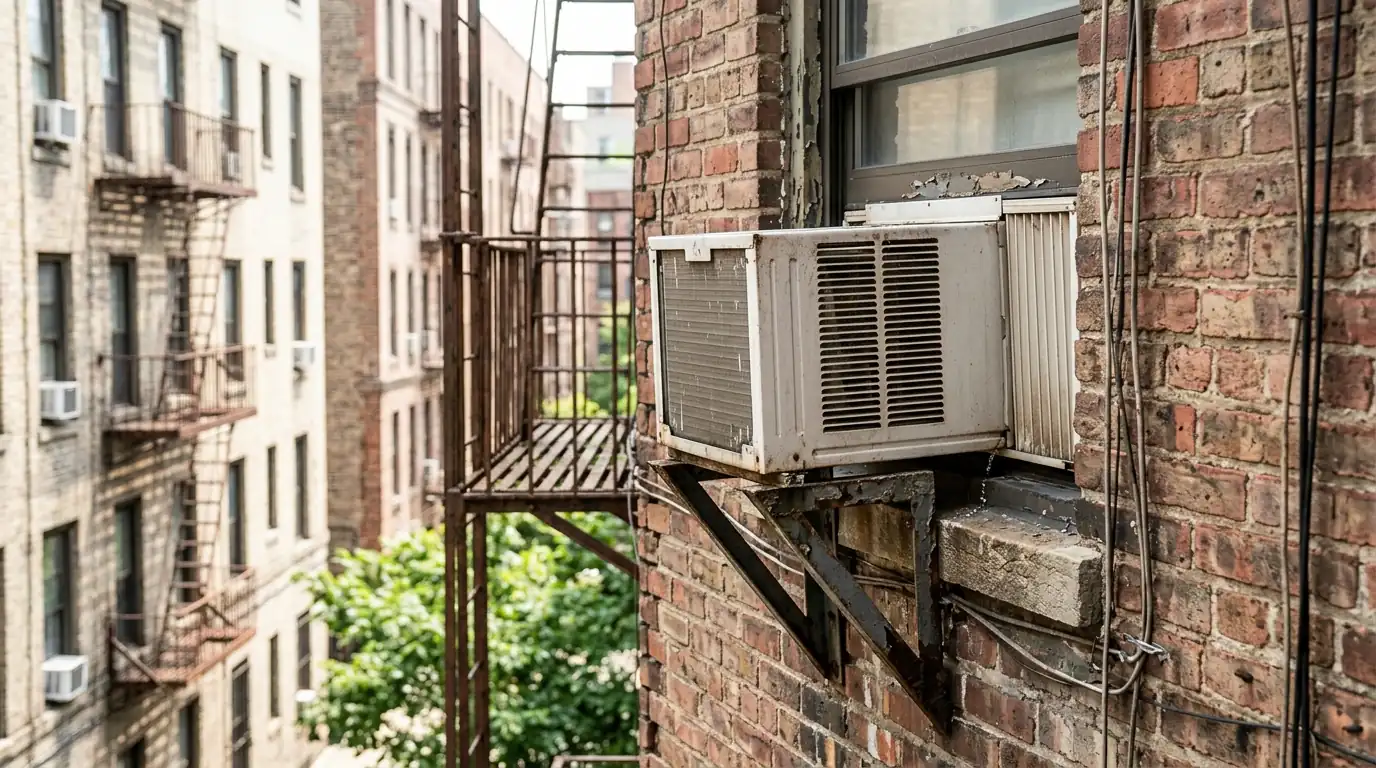 Window air conditioner on support brackets outside a New York City apartment