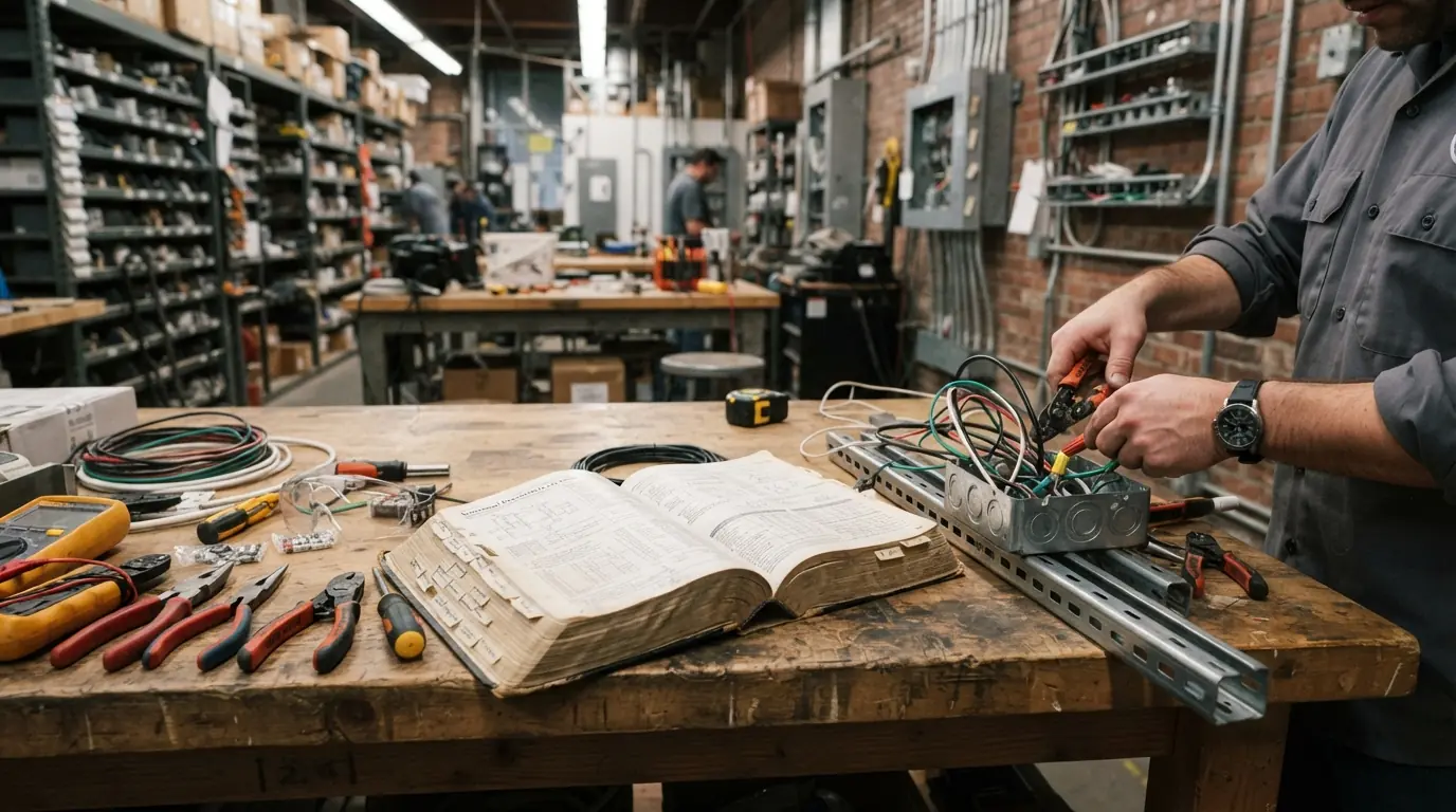 Code book and wiring diagrams on a New York City workbench