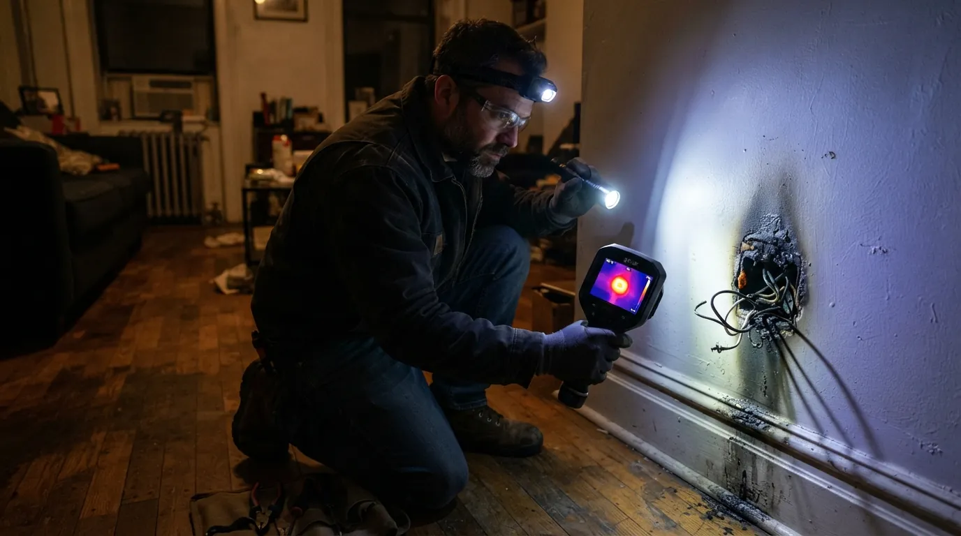 Electrician checking a scorched outlet with a thermal camera during an emergency call in New York City