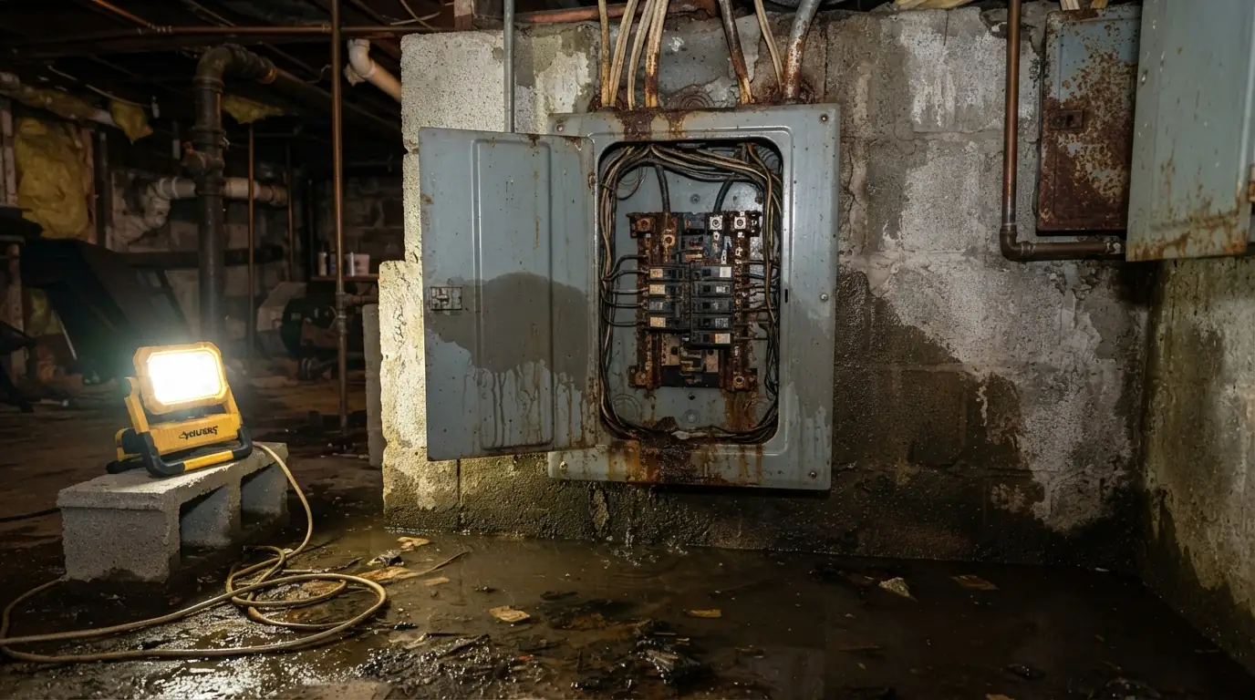 Water-damaged subpanel in a New York City basement after a storm