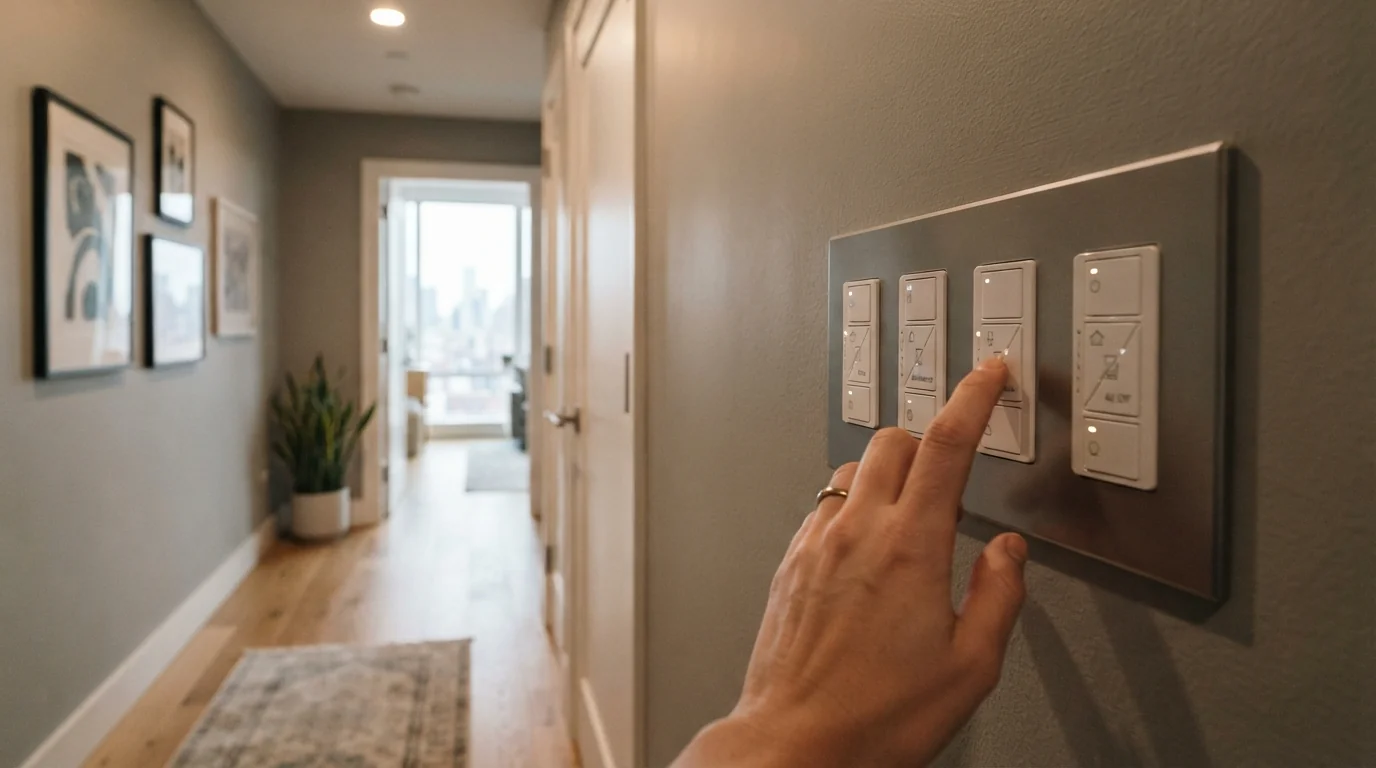 Smart scene switches in a New York City apartment hallway